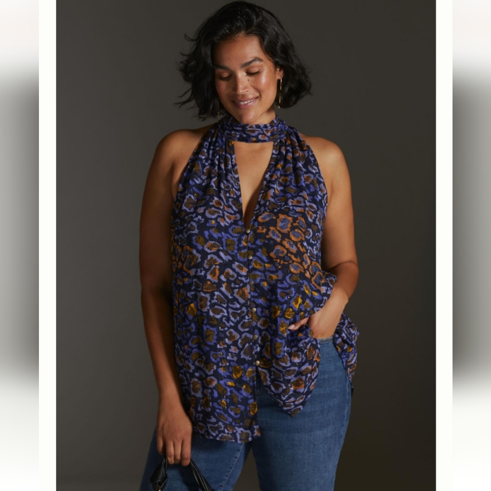 M 8 10 by Anthropologie sleeveless high neck lurex Metallic top animal print